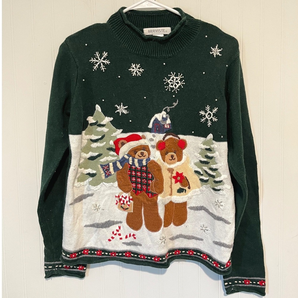Vintage Arriviste Sweater Women S Green Bear Christmas Winter Embroidered Knit